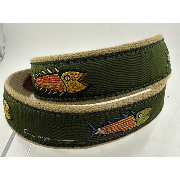 The Belted Cow Co Men's 32" Green Eric Hopkins Canvas Leather Fish Design Belt - Picture 3 of 6